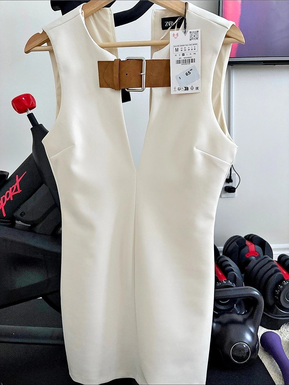 Zara White Sleeveless Mini Dress with Brown Belt Medium